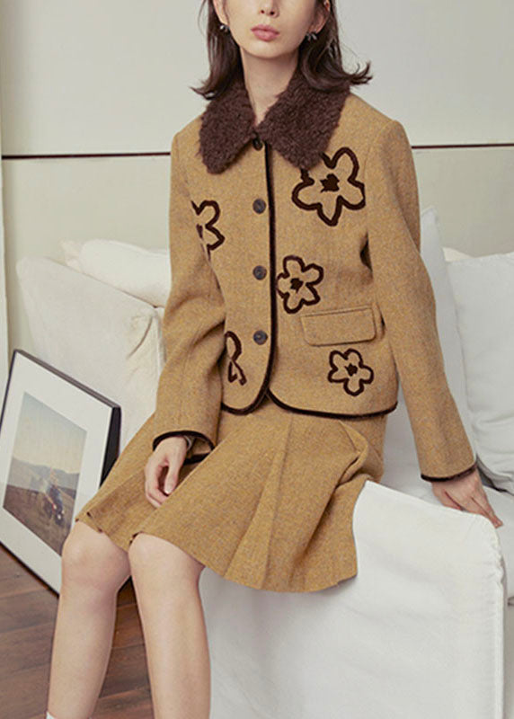 Ginger Peter Pan Collar Woolen Coat and Skirts Two Pieces Set Long Sleeve