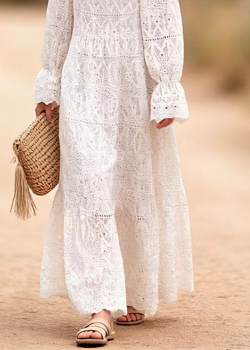 O Neck Embroidered Hollow Out Lace Long Dresses Spring