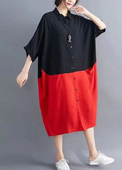 Orange Patchwork Yellow Peter Pan Collar Button Pockets Maxi Shirts Dress Summer