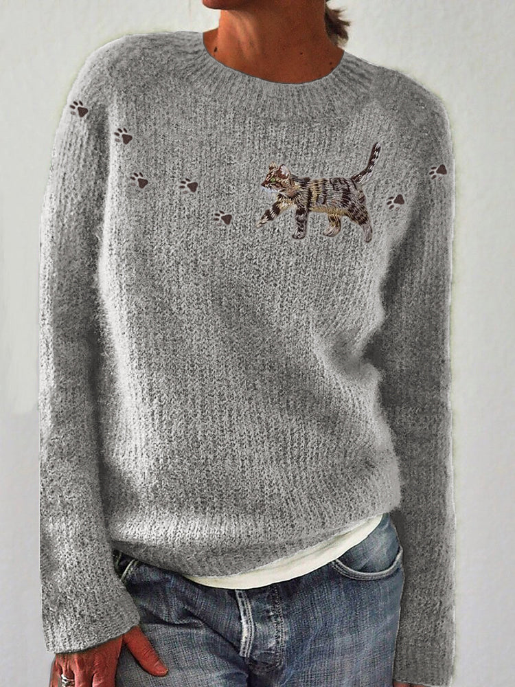 Comstylish Cat & Paw Prints Yoke Embroidered Cozy Knit Sweater