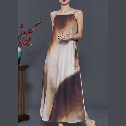 Brown Tie Dye Draping Silk Spaghetti Strap Dress Summer