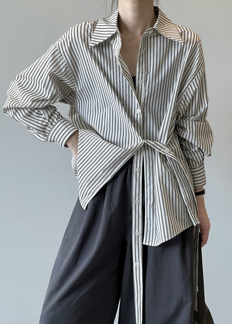 French Peter Pan Collar Striped Button Cotton Shirt Fall