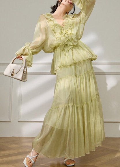 Light Green V Neck Ruffled Shirts and Maxi Skirts Two Pieces Set Flare Sleeve