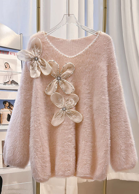 Pink V Neck Cozy Mink Hair Knitted Sweater Winter