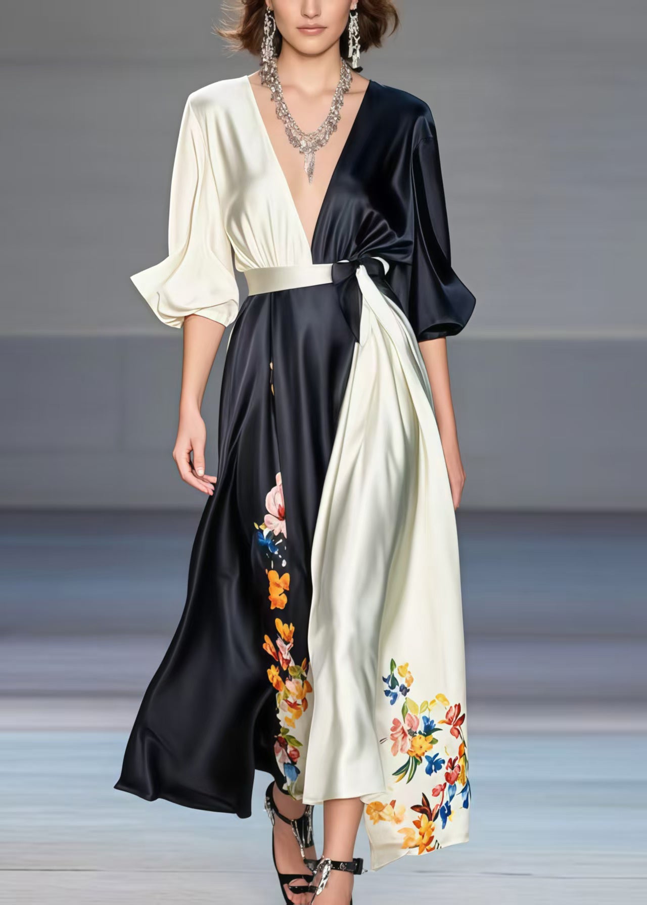 Black Asymmetrical Patchwork Print Silk Dress Spring