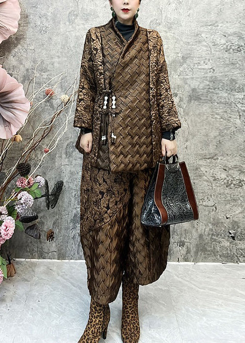 Jacquard Coffee Patchwork Coats and Lantern Pants Cotton Filled Two Pieces Set Spring