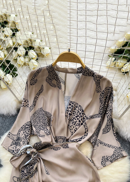 French Photo Color Print Lace Up Silk Dress Half Sleeve Summer