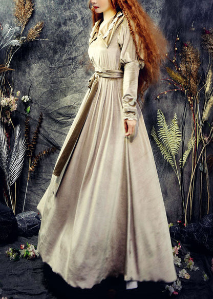 Diy Khaki Double-layer Tie Waist Silk Velour Long Dresses Spring