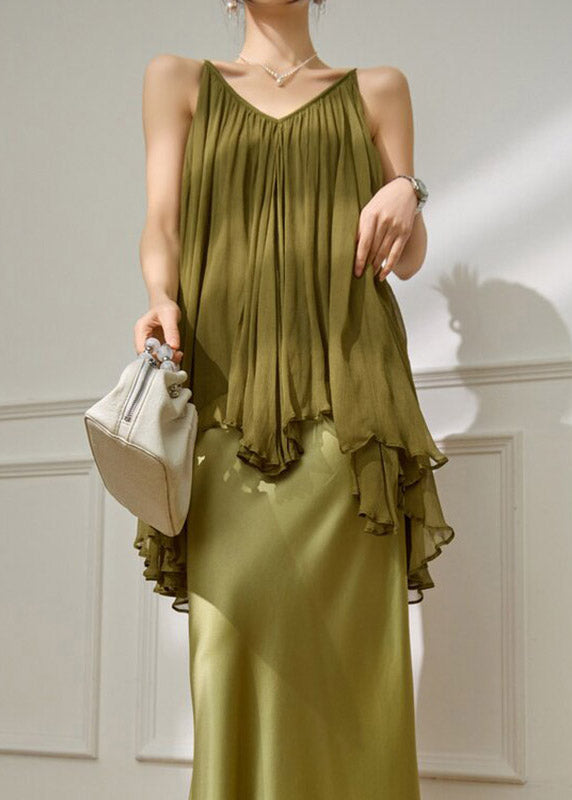 Green Asymmetrical Vests V Neck Summer