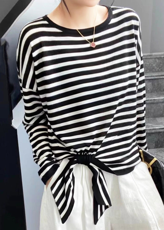 Loose Black Striped Lace Up Cotton T Shirt O Neck Spring