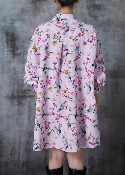 Pink Oversized Red-crowned Crane Print Cotton Blouses Fall
