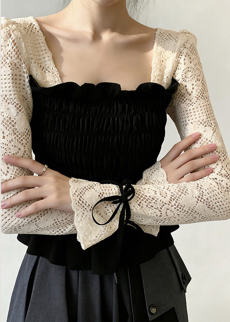 Black Square Collar Patchwork Cotton Shirt Tops Flare Sleeve