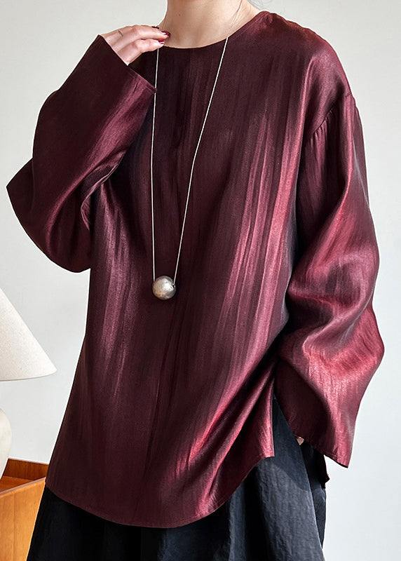Boutique Simple Black O Neck Silk Shirts Long Sleeve