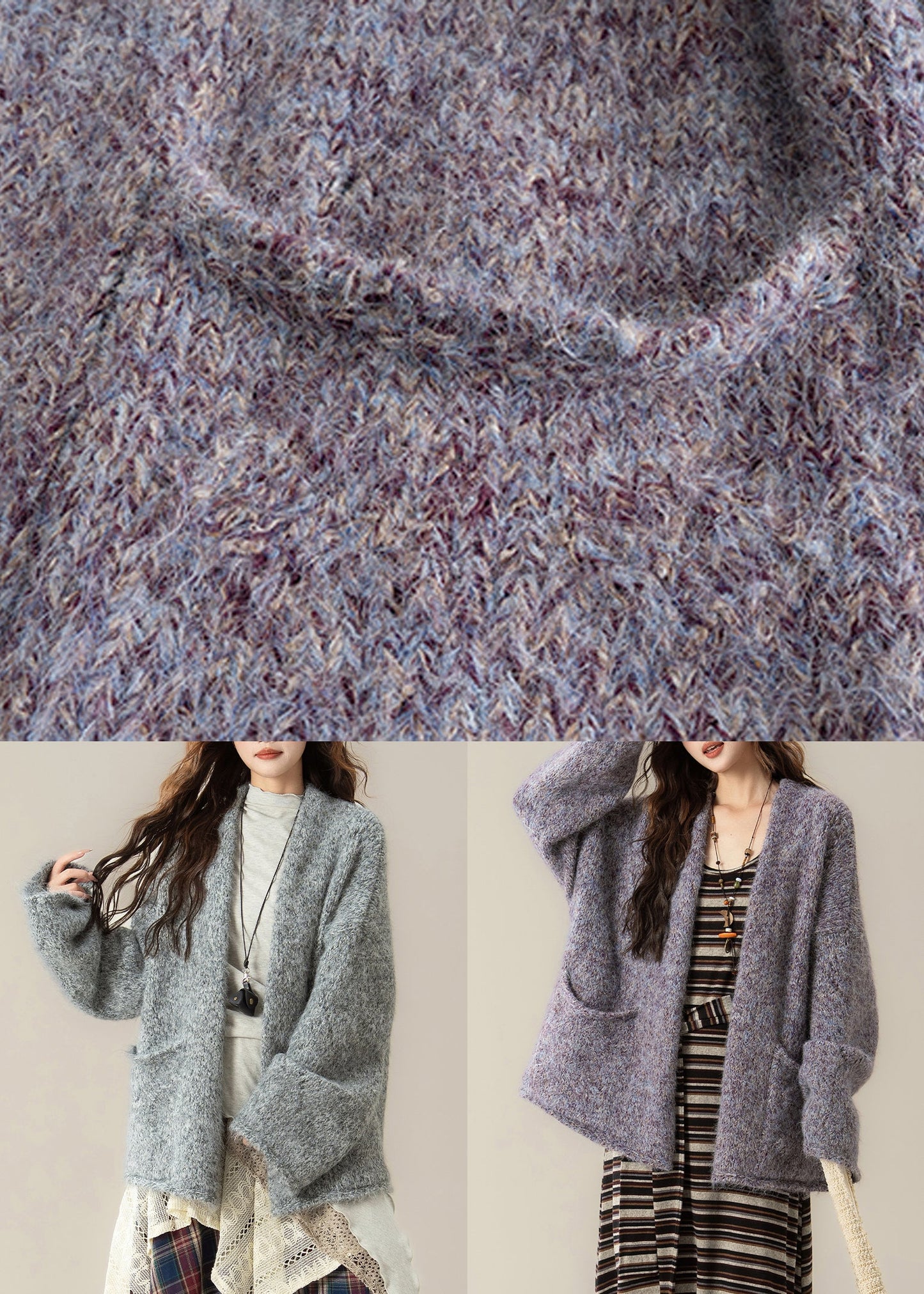 Loose Grey V Neck Pockets Knit Cardigans Spring