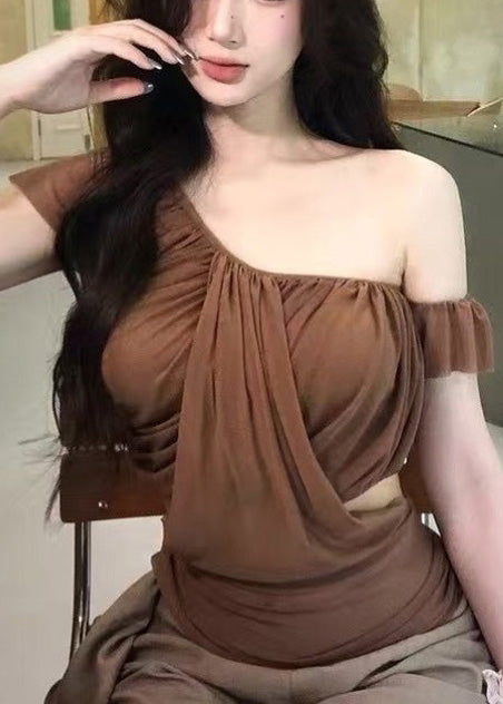 Brown Asymmetrical Cold Shoulder Tulle Top Summer