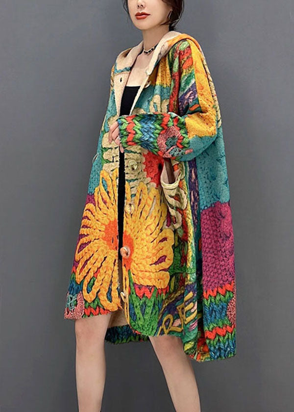 Colorblock Hooded Print Knit Loose Coats Fall