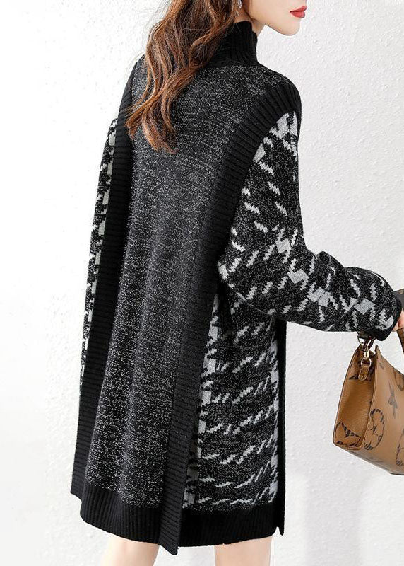 Black O-neck Patchwork Knit Sweater Dress Winter