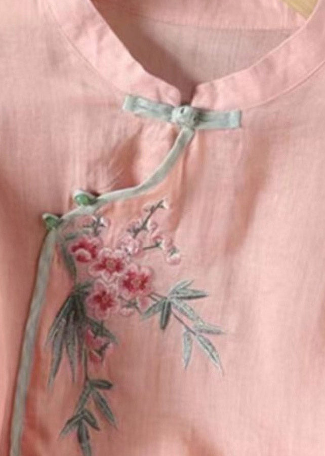 Pink Stand Collar Embroidered Patchwork Shirt Three Quarter Sleeve
