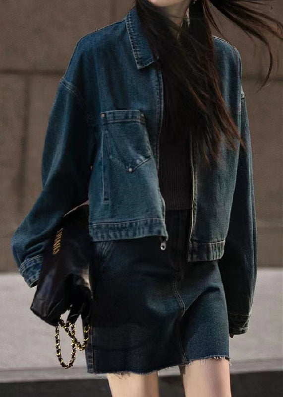 Retro Blue Peter Pan Collar Patchwork Button Denim Coats Long Sleeve Fall