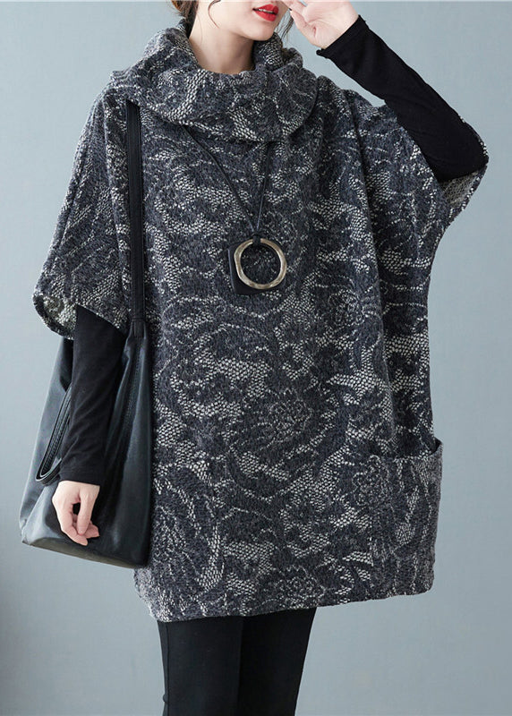 Khaki Turtle Neck Jacquard Woolen Tops Short Sleeve