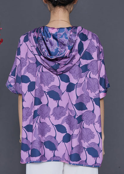 Purple Print Silk Sweatshirts Top Hooded Summer