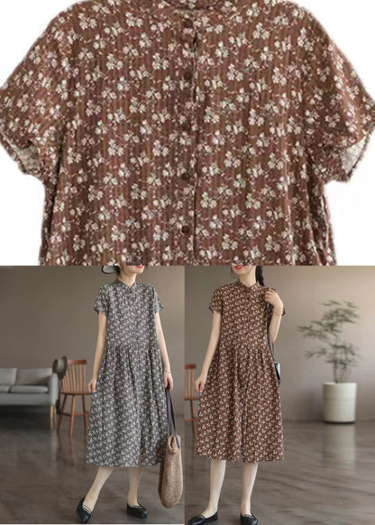Retro Grey Stand Collar Print Linen Long Dresses Summer
