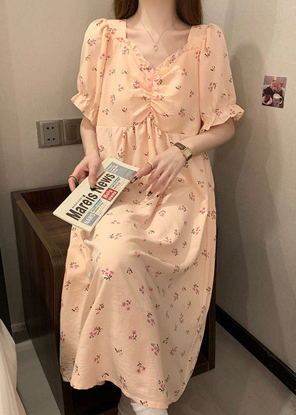 Pink V Neck Wrinkled Print Cotton Pajamas Long Dress Summer