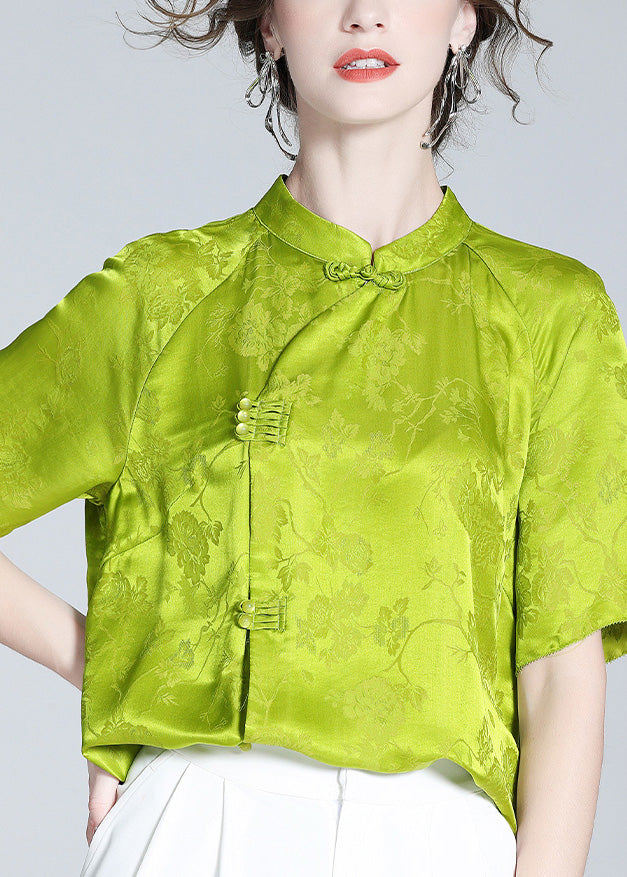 Grass Green Stand Collar Button Silk Top Short Sleeve