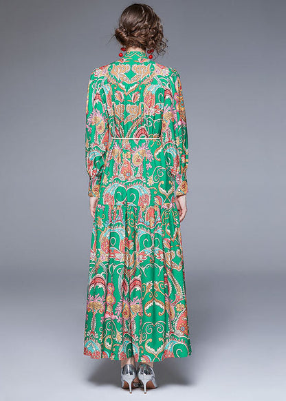 Diy Green Stand Collar Print Wrinkled Sashes Chiffon Holiday Dress Fall