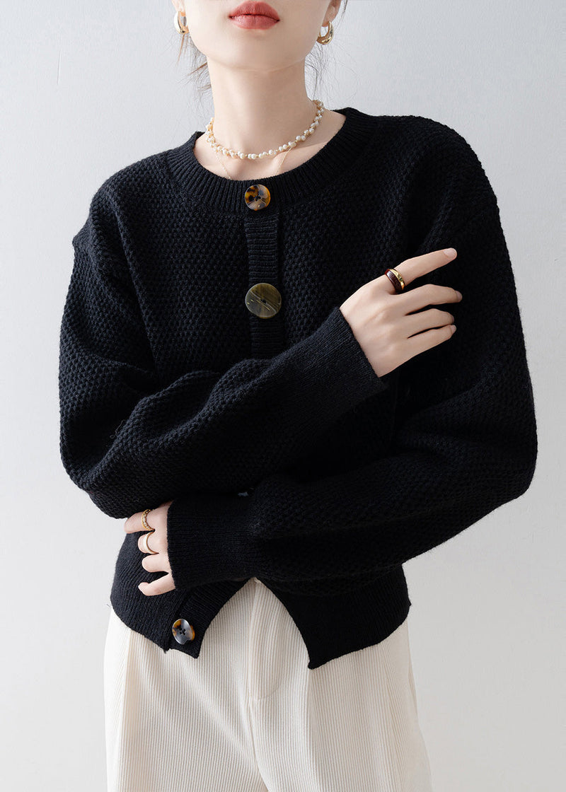 Black O-neck Cozy Knit Cardigan Winter