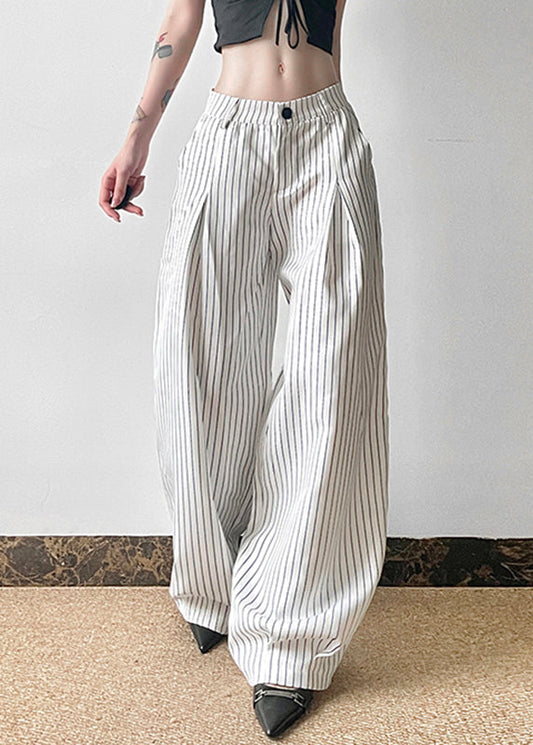 Art Striped Button High Waist Cotton Pants Summer