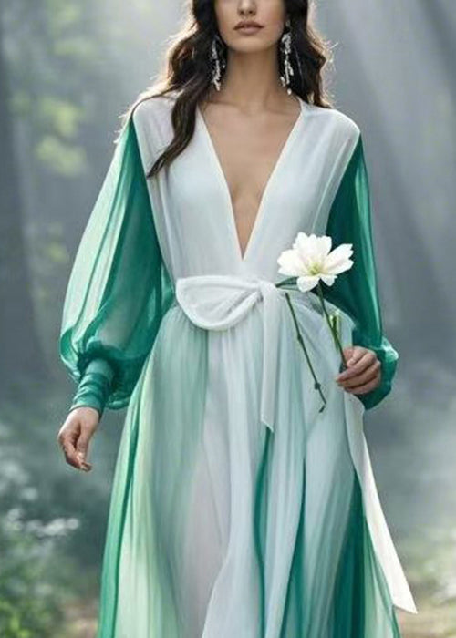 Colorblock V Neck Tie Waist Chiffon Maxi Dresses Spring