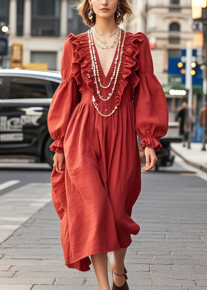 Red Ruffled Cotton Maxi Dress Spring