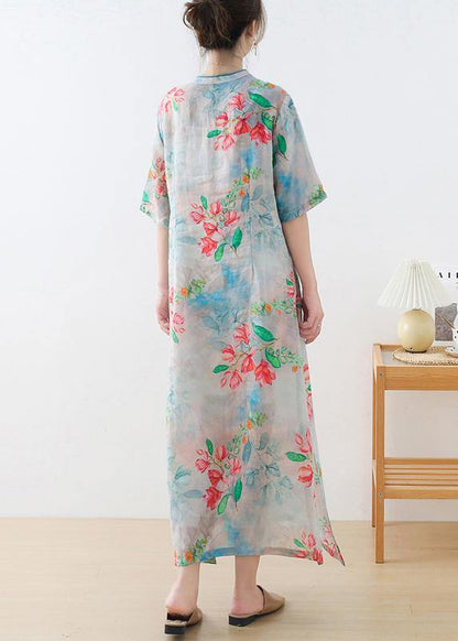 Blue Print Oriental Dresses Summer Ramie
