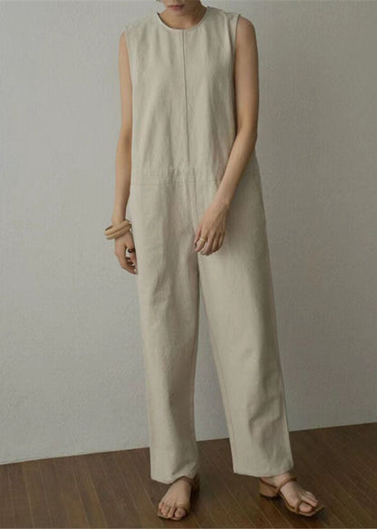 Apricot Pockets Patchwork Cotton Wide Leg Jumpsuits Sleeveless