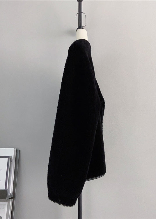 Black O Neck Pockets Button Wool Coats Winter