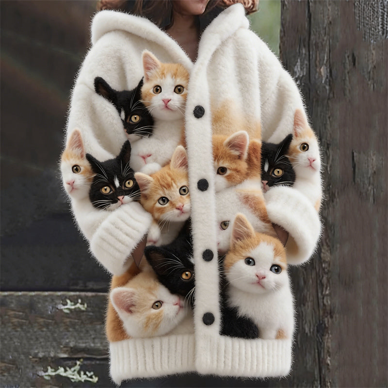Comstylish Crowded Fuzzy Cats Cozy Hooded Cardigan
