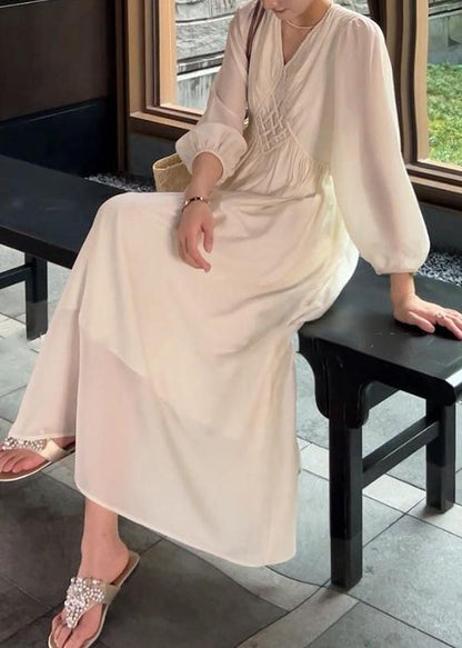 Beige V Neck High Waist Cotton Long Dress Fall