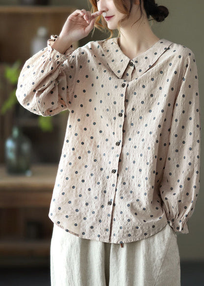 Navy Peter Pan Collar Dot Print Linen Blouses Lantern Sleeve