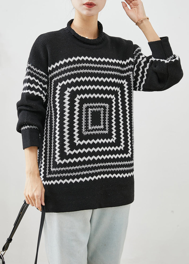 Black Oversized Print Knit Sweaters Winter