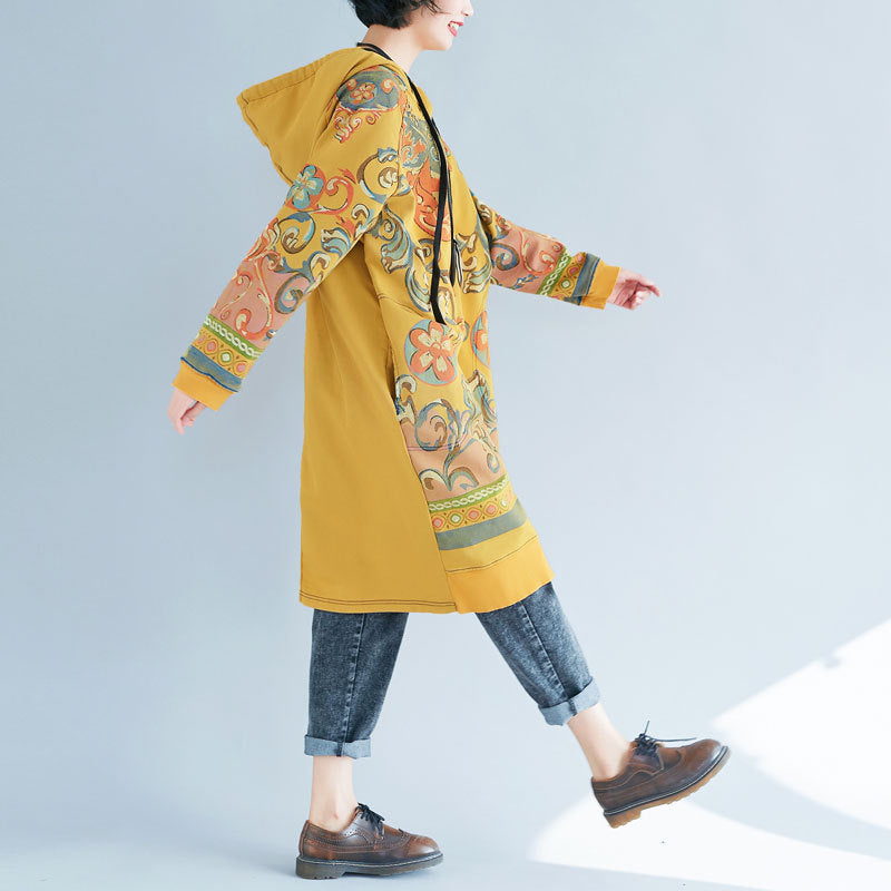 Yellow Hooded Side Open Print Sweatshirt Dresses Spring