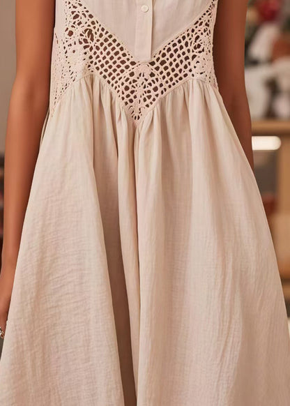 Modern White Peter Pan Collar Patchwork Cotton Lace Dresses Sleeveless Summer
