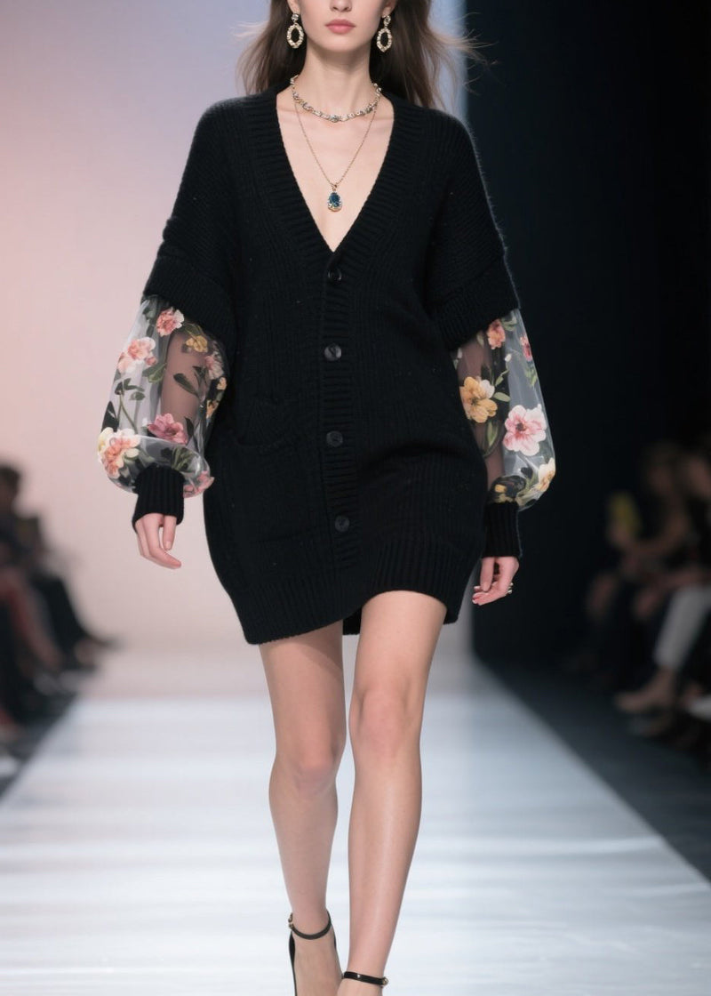 Black V Neck Button Tulle Patchwork Knit Loose Coat Fall