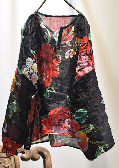 Black V Neck Print Linen Blouse Top Lantern Sleeve