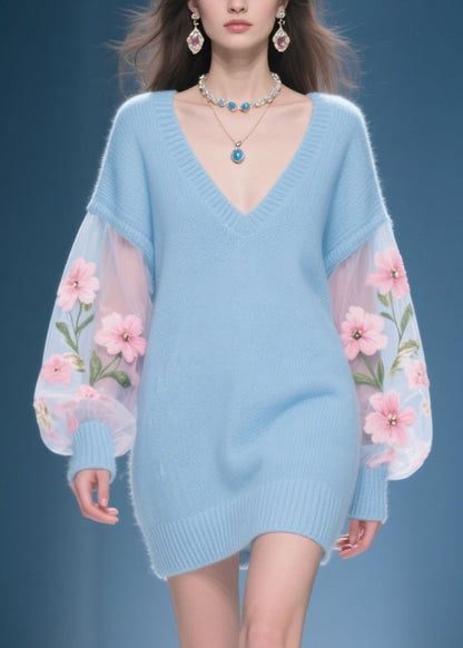 New Blue V Neck Patchwork Knit Sweater Dress Fall