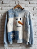 Snowman & Snowflakes Colorblock Patchwork Washed Sweatshirt