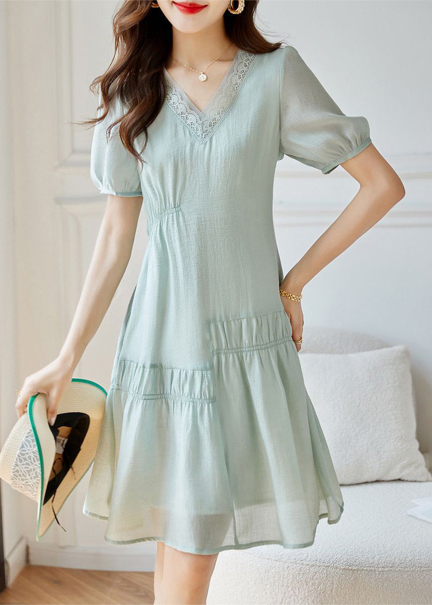 Light Green Wrinkled Patchwork Cotton Dresses Summer
