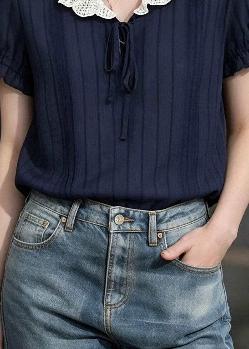 Modern Navy Peter Pan Collar Striped Chiffon Shirts Summer