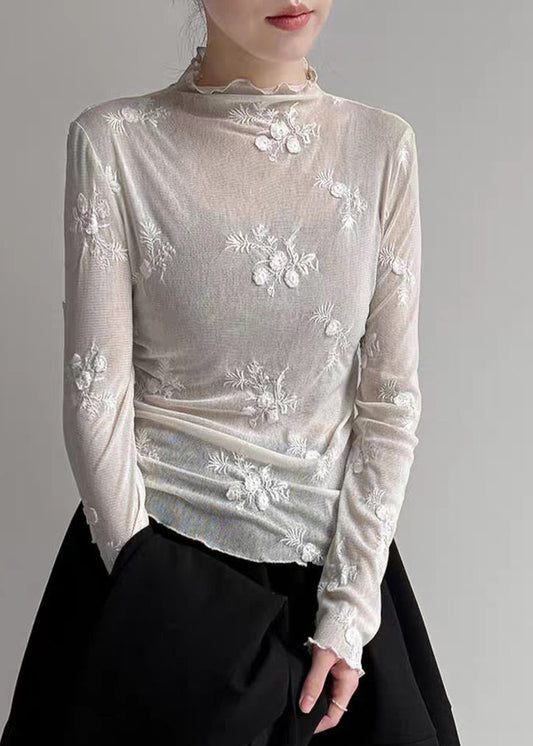 Light Grey Embroidered Tulle T Shirt Spring