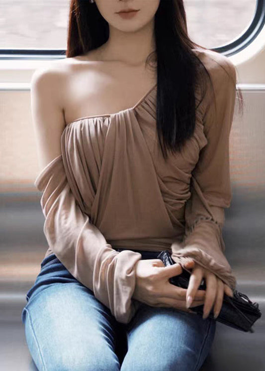 Novelty Khaki One Shoulder Wrinkled Tulle Tops Lantern Sleeve